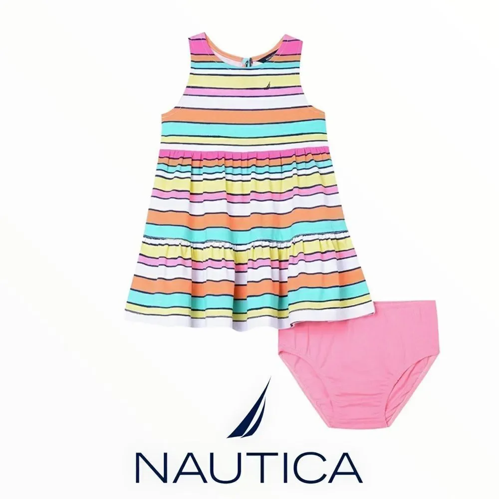 NAUTICA Kids Pink Patterned Sleeveless Dress with Bloomers NWT Size 12M